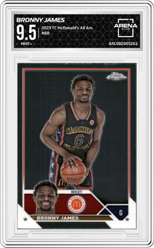 Bronny James from the 2023 Topps Chrome McDonald's All American set graded by Arena Club and given an overall grade of 9.5.