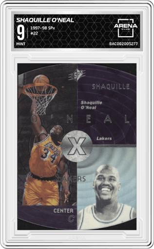 Shaquille O'Neal from the 1997-98 SPx set graded by Arena Club and given an overall grade of 9.