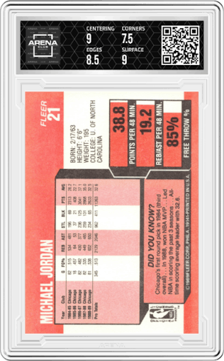 Michael Jordan from the 1989-90 Fleer set graded by Arena Club and given an overall grade of 8.