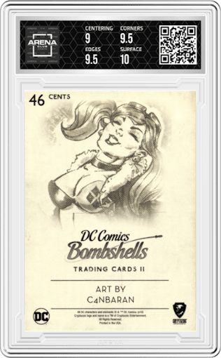 Harley Quinn from the 2018 Cryptozoic DC Bombshells Series II set graded by Arena Club and given an overall grade of 9.5.