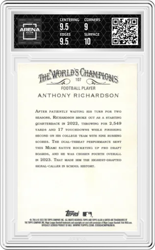 Anthony Richardson from the 2023 Topps Allen & Ginter X set graded by Arena Club and given an overall grade of 9.5.