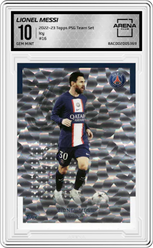 Lionel Messi from the 2022-23 Topps Paris Saint-Germain Team Set set featuring a Icy parallel graded by Arena Club and given an overall grade of 10.