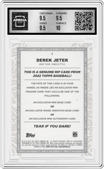 Derek Jeter from the 2022 Topps Rip  set featuring a Black parallel graded by Arena Club and given an overall grade of 10.