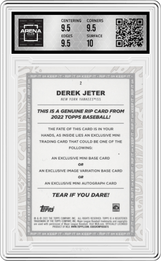 Derek Jeter from the 2022 Topps Rip  set featuring a Black parallel graded by Arena Club and given an overall grade of 10.