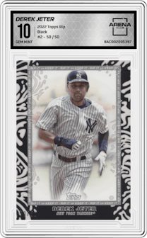 Derek Jeter from the 2022 Topps Rip  set featuring a Black parallel graded by Arena Club and given an overall grade of 10.
