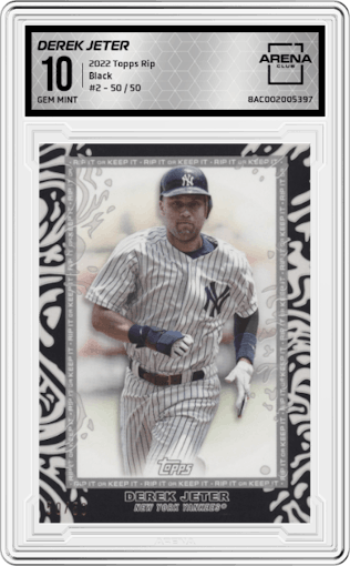 Derek Jeter from the 2022 Topps Rip  set featuring a Black parallel graded by Arena Club and given an overall grade of 10.