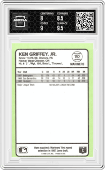 Ken Griffey Jr. from the 1989 Donruss Baseball's Best set graded by Arena Club and given an overall grade of 8.5.