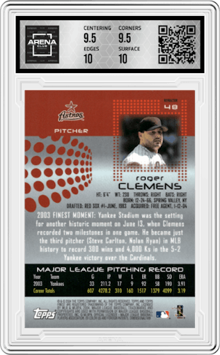 Roger Clemens from the 2004 Topps Finest set featuring a Refractor parallel graded by Arena Club and given an overall grade of 10.