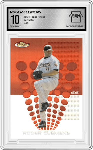 Roger Clemens from the 2004 Topps Finest set featuring a Refractor parallel graded by Arena Club and given an overall grade of 10.