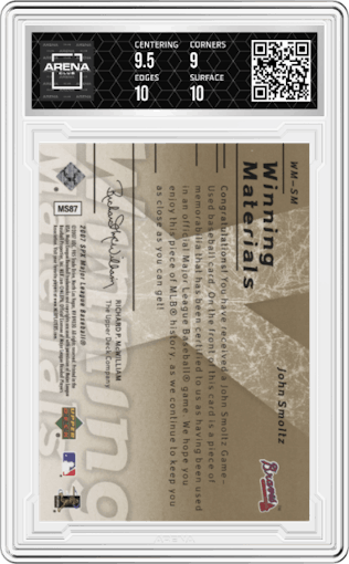 John Smoltz from the 2007 SPx set featuring a Dual Gold parallel graded by Arena Club and given an overall grade of 9.5.