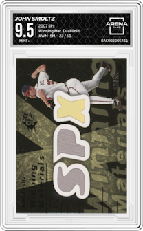 John Smoltz from the 2007 SPx set featuring a Dual Gold parallel graded by Arena Club and given an overall grade of 9.5.