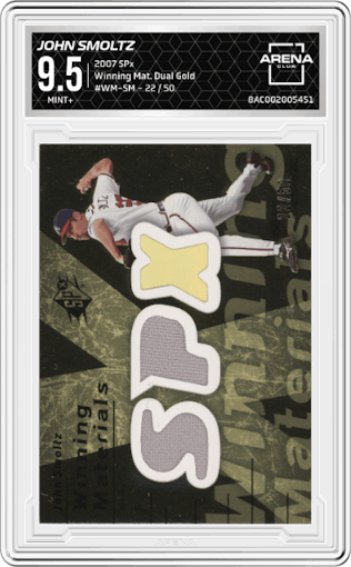 John Smoltz from the 2007 SPx set featuring a Dual Gold parallel graded by Arena Club and given an overall grade of 9.5.