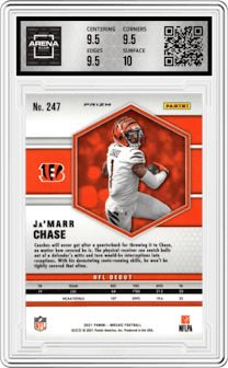 Ja'Marr Chase from the 2021 Panini Mosaic set featuring a Silver parallel graded by Arena Club and given an overall grade of 10.