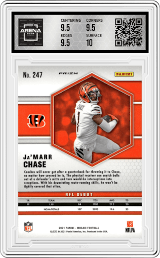 Ja'Marr Chase from the 2021 Panini Mosaic set featuring a Silver parallel graded by Arena Club and given an overall grade of 10.