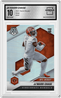 Ja'Marr Chase from the 2021 Panini Mosaic set featuring a Silver parallel graded by Arena Club and given an overall grade of 10.