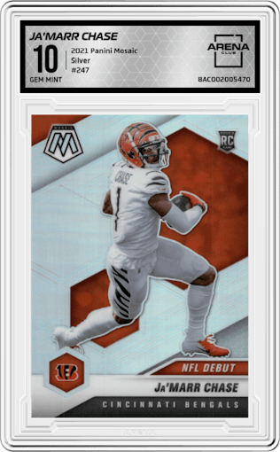 Ja'Marr Chase from the 2021 Panini Mosaic set featuring a Silver parallel graded by Arena Club and given an overall grade of 10.