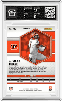 Ja'Marr Chase from the 2021 Panini Mosaic set featuring a Silver parallel graded by Arena Club and given an overall grade of 9.5.