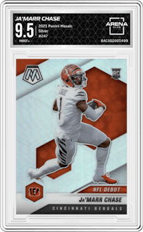 Ja'Marr Chase from the 2021 Panini Mosaic set featuring a Silver parallel graded by Arena Club and given an overall grade of 9.5.