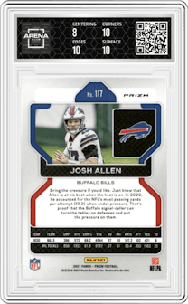 Josh Allen from the 2021 Panini Prizm set featuring a Red Ice parallel graded by Arena Club and given an overall grade of 8.5.