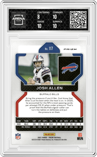 Josh Allen from the 2021 Panini Prizm set featuring a Red Ice parallel graded by Arena Club and given an overall grade of 8.5.