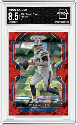 Josh Allen from the 2021 Panini Prizm set featuring a Red Ice parallel graded by Arena Club and given an overall grade of 8.5.