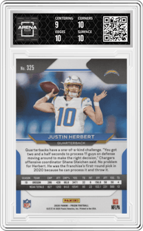 Justin Herbert from the 2020 Panini Prizm set graded by Arena Club and given an overall grade of 9.5.