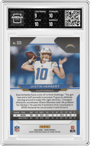 Justin Herbert from the 2020 Panini Prizm set graded by Arena Club and given an overall grade of 9.5.