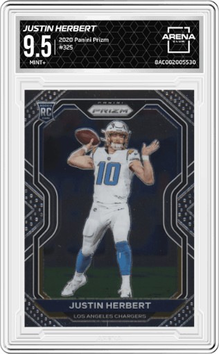 Justin Herbert from the 2020 Panini Prizm set graded by Arena Club and given an overall grade of 9.5.
