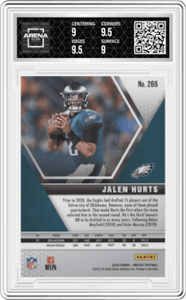 Jalen Hurts from the 2020 Panini Mosaic set graded by Arena Club and given an overall grade of 9.5.