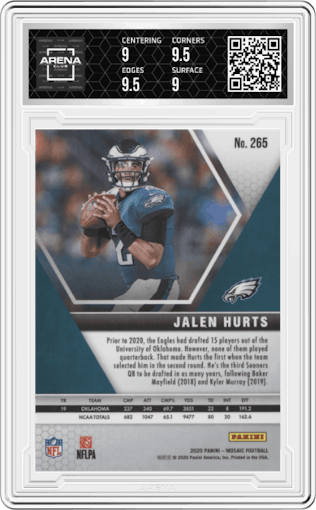 Jalen Hurts from the 2020 Panini Mosaic set graded by Arena Club and given an overall grade of 9.5.