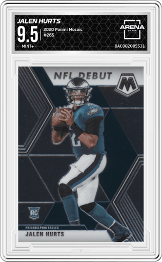 Jalen Hurts from the 2020 Panini Mosaic set graded by Arena Club and given an overall grade of 9.5.