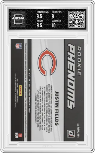 Justin Fields from the 2021 Panini Donruss set graded by Arena Club and given an overall grade of 9.5.