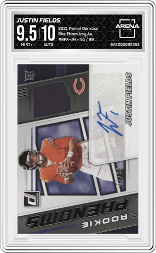 Justin Fields from the 2021 Panini Donruss set graded by Arena Club and given an overall grade of 9.5.