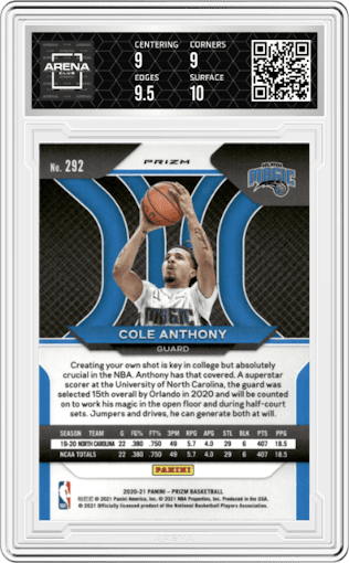 Cole Anthony from the 2020-21 Panini Prizm set featuring a Red Ice parallel graded by Arena Club and given an overall grade of 9.5.