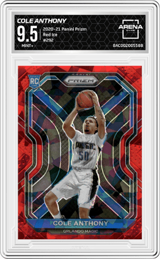 Cole Anthony from the 2020-21 Panini Prizm set featuring a Red Ice parallel graded by Arena Club and given an overall grade of 9.5.