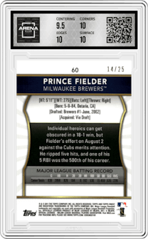 Prince Fielder from the 2011 Topps Finest set featuring a Red Refractor parallel graded by Arena Club and given an overall grade of 10.