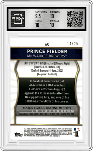 Prince Fielder from the 2011 Topps Finest set featuring a Red Refractor parallel graded by Arena Club and given an overall grade of 10.