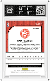 Cam Reddish from the 2019-20 Panini Hoops Premium Stock set featuring a Silver Laser parallel graded by Arena Club and given an overall grade of 9.5.