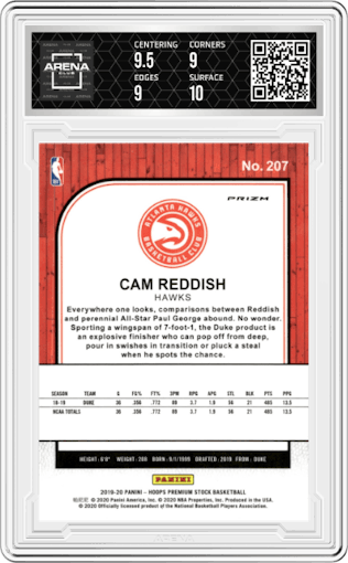 Cam Reddish from the 2019-20 Panini Hoops Premium Stock set featuring a Silver Laser parallel graded by Arena Club and given an overall grade of 9.5.