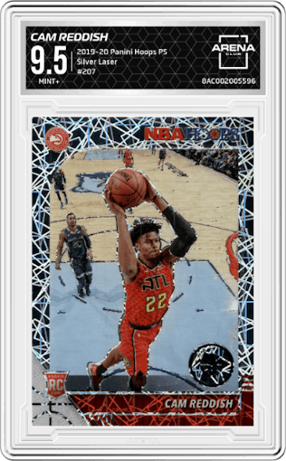 Cam Reddish from the 2019-20 Panini Hoops Premium Stock set featuring a Silver Laser parallel graded by Arena Club and given an overall grade of 9.5.