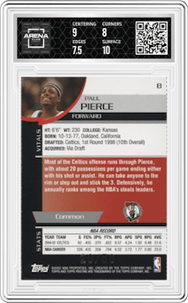 Paul Pierce from the 2005-06 Topps Pristine set featuring a Die-Cut parallel graded by Arena Club and given an overall grade of 8.