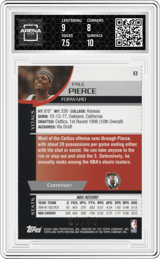 Paul Pierce from the 2005-06 Topps Pristine set featuring a Die-Cut parallel graded by Arena Club and given an overall grade of 8.