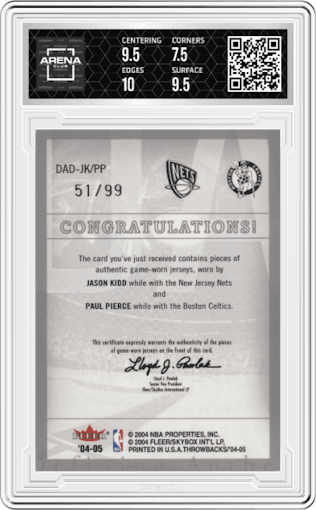 Jason Kidd/Paul Pierce from the 2004-05 Fleer Throwbacks set graded by Arena Club and given an overall grade of 8.