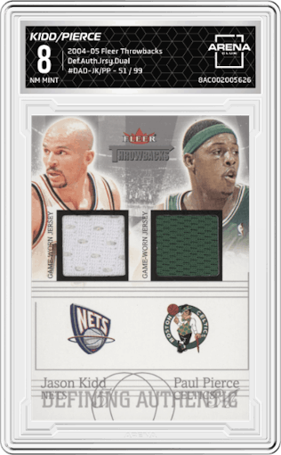 Jason Kidd/Paul Pierce from the 2004-05 Fleer Throwbacks set graded by Arena Club and given an overall grade of 8.