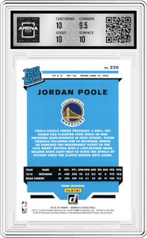 Jordan Poole from the 2019-20 Panini Donruss set graded by Arena Club and given an overall grade of 10.