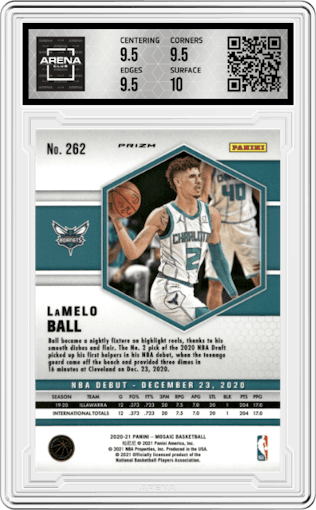 LaMelo Ball from the 2020-21 Panini Mosaic set featuring a Pink Camo parallel graded by Arena Club and given an overall grade of 10.