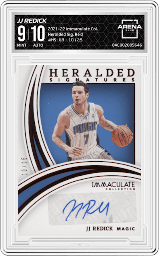 JJ Redick from the 2021-22 Panini Immaculate Collection set featuring a Red parallel graded by Arena Club and given an overall grade of 9.