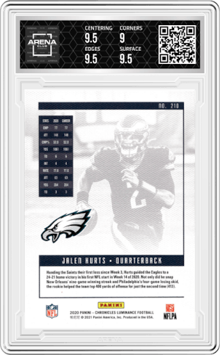 Jalen Hurts from the 2020 Panini Chronicles set graded by Arena Club and given an overall grade of 9.5.