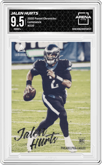 Jalen Hurts from the 2020 Panini Chronicles set graded by Arena Club and given an overall grade of 9.5.