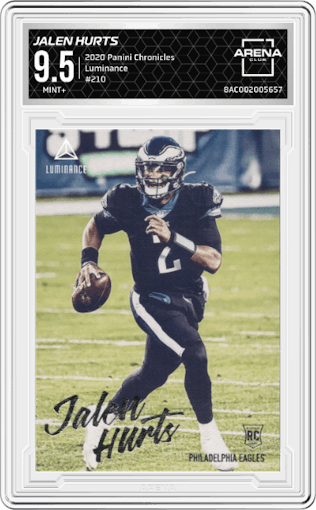 Jalen Hurts from the 2020 Panini Chronicles set graded by Arena Club and given an overall grade of 9.5.